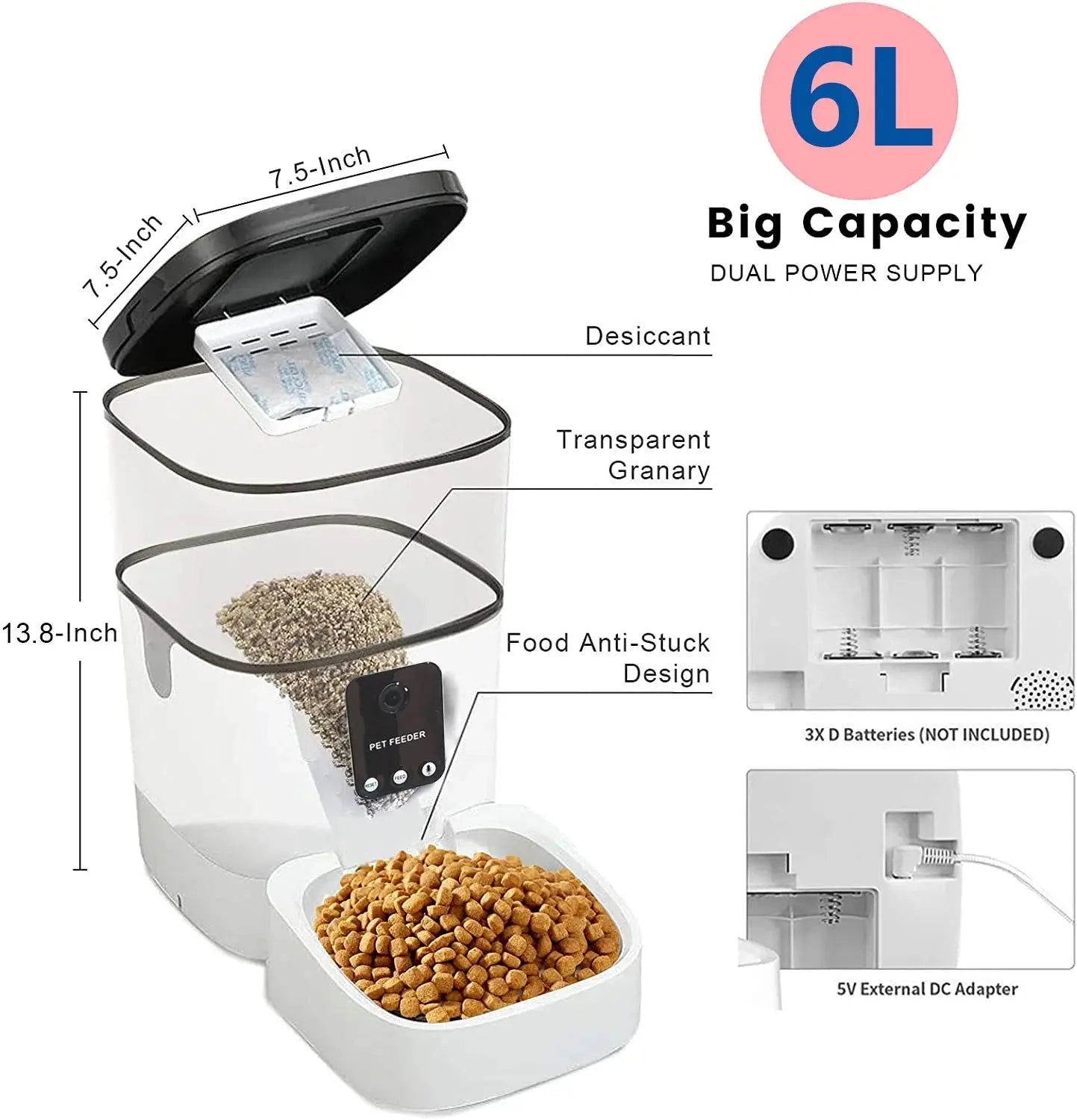 Pet Feeder,6L Automatic Pet Feeder for Cats and Dogs,1080P Camera,App Control,Voice Recorder,Timed Feeder for Schedule Feeding, Dual Power Supply,Wifi Pet Food Dispenser with App Control - Mary’s TT Shop