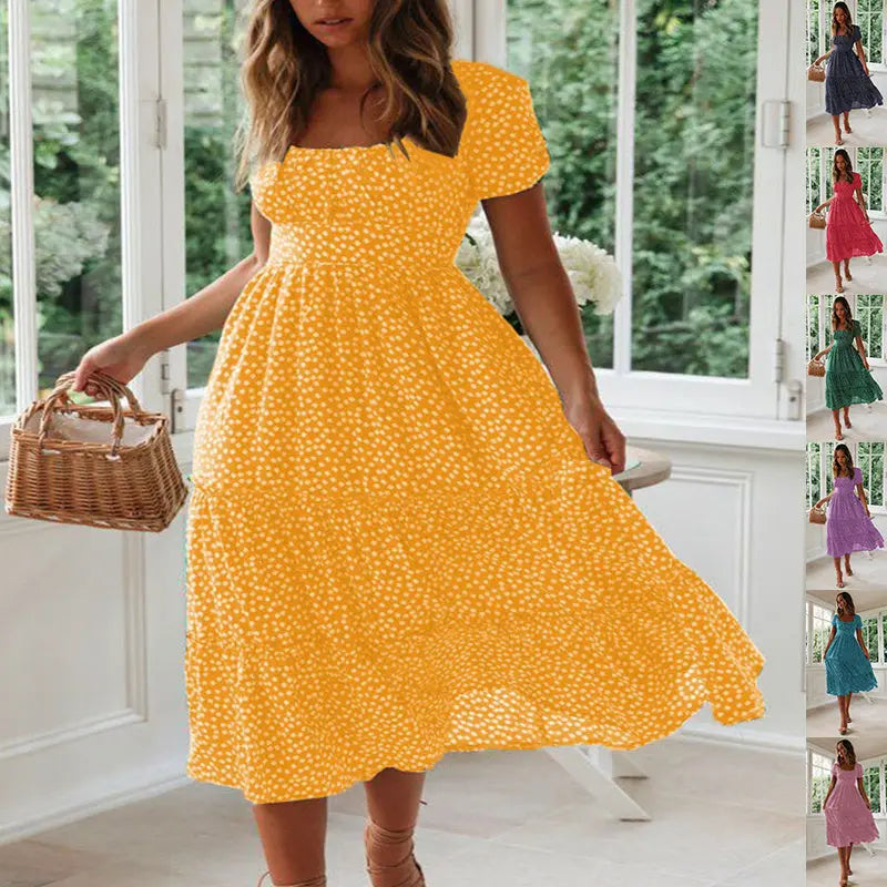 Square Collar Short Sleeve Dress Summer Puff Floral Printed Dress Long Dresses - Mary’s TT Shop