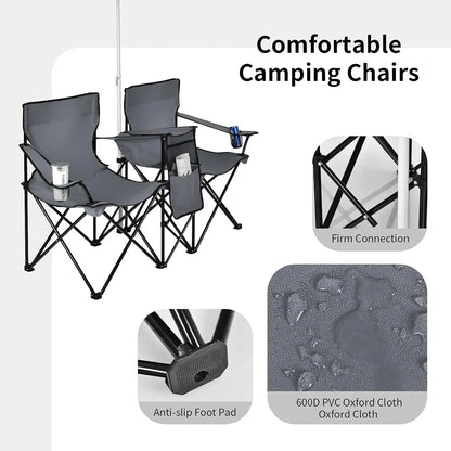 Portable Folding Picnic Double Chair W/Umbrella Table Cooler Beach Camping Chair for Patio Pool Park Outdoor - Mary’s TT Shop