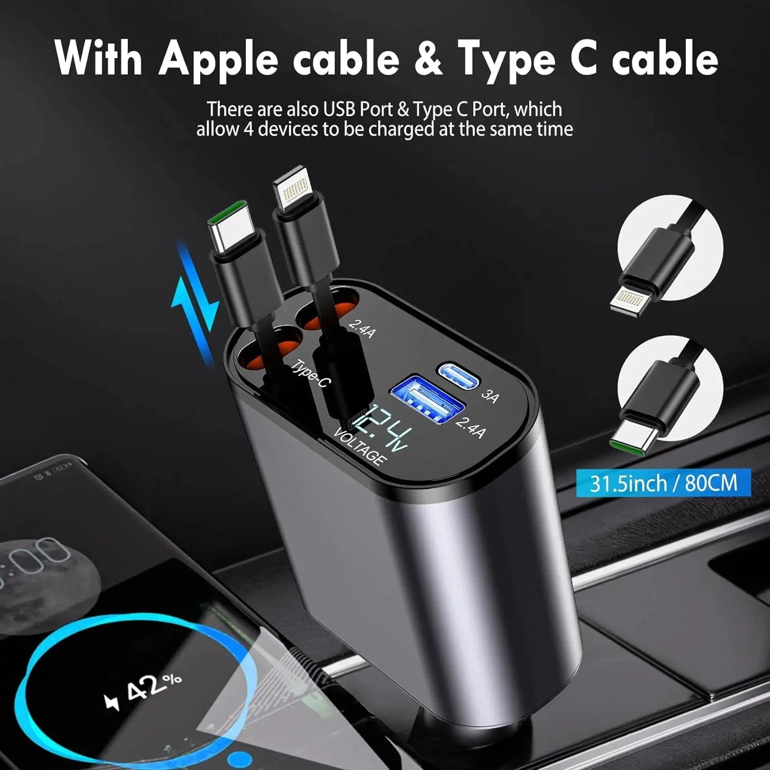 Retractable Car Charger, 100W 4 in 1 Super Fast Charge Car Phone Charger,Retractable Cables (31.5 Inch) and 2 USB Ports Car Charger Adapter for Iphone 15/14/13/12 Pro Max Xr,Ipad,Samsung,Pixel - Mary’s TT Shop