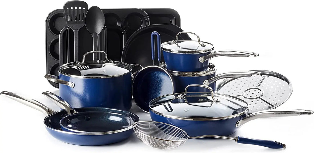 Cookware Diamond Infused Ceramic Nonstick 20 Piece Cookware Bakeware Pots and Pans Set, Pfas-Free, Dishwasher Safe, Oven Safe, Blue - Mary’s TT Shop