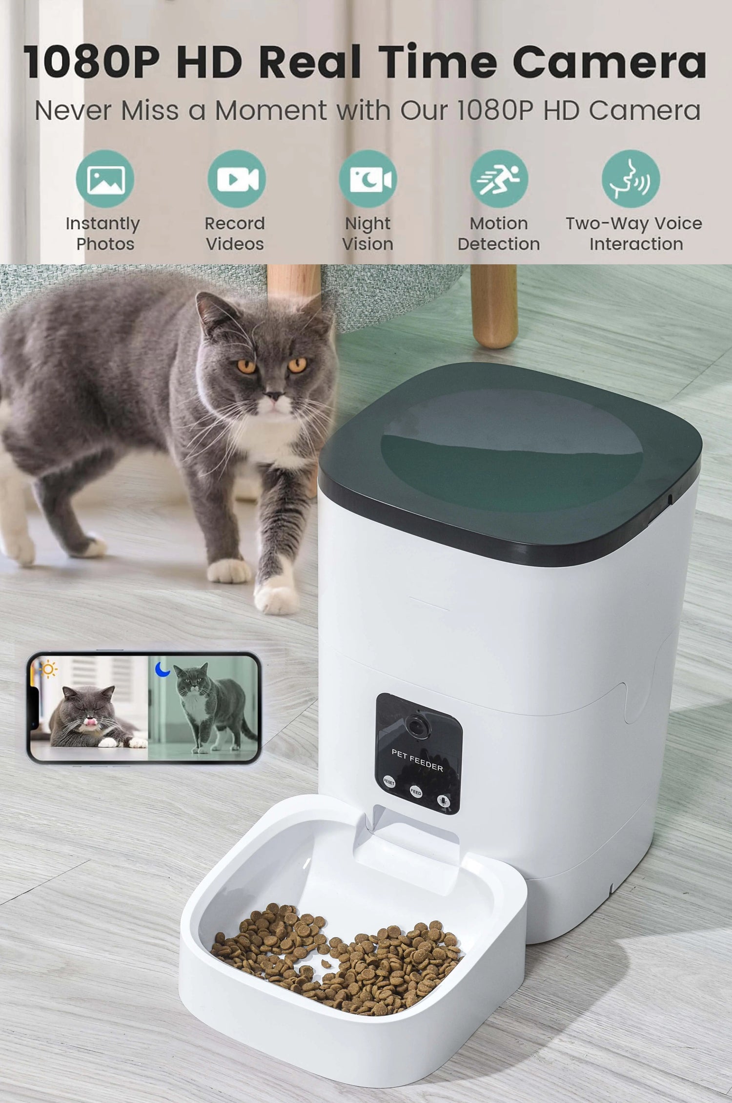 Pet Feeder,6L Automatic Pet Feeder for Cats and Dogs,1080P Camera,App Control,Voice Recorder,Timed Feeder for Schedule Feeding, Dual Power Supply,Wifi Pet Food Dispenser with App Control - Mary’s TT Shop