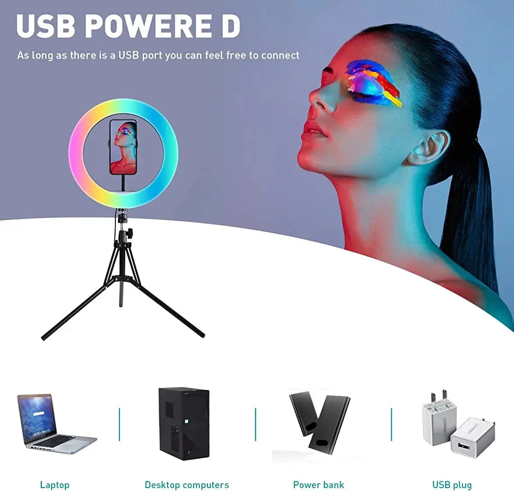 13&quot; LED RGB Selfie Ring Light W/ Mini &amp; Extendable Tripod Stand &amp; Phone Holder 10 Brightness Level 26 Light Modes Dimmable Ringlight for Beauty Makeup Live Streaming Youtube Video Photography Shooting - Mary’s TT Shop